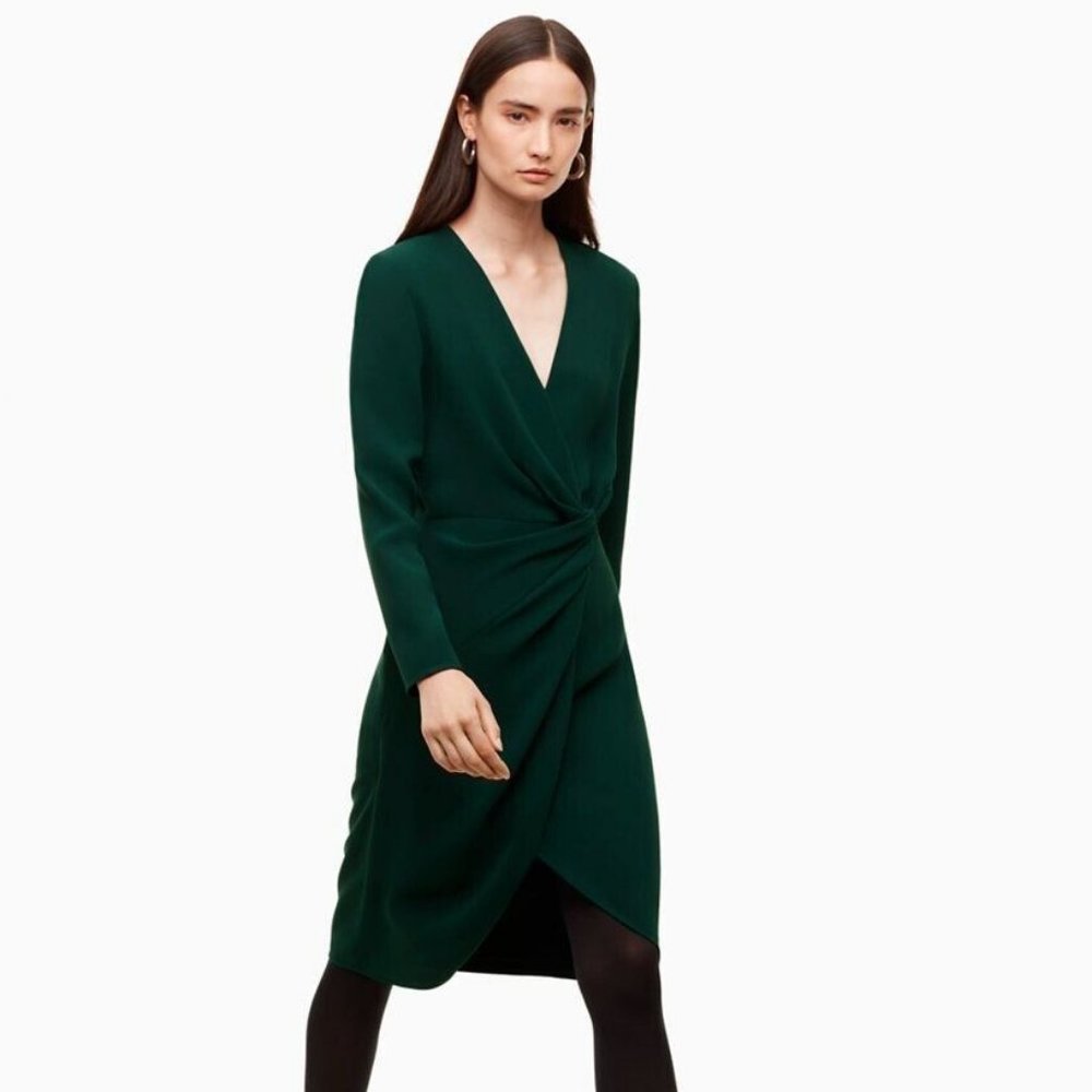 Aritzia Green Tadao Babaton Midi Casual Surplice Long Sleeve Dress size S